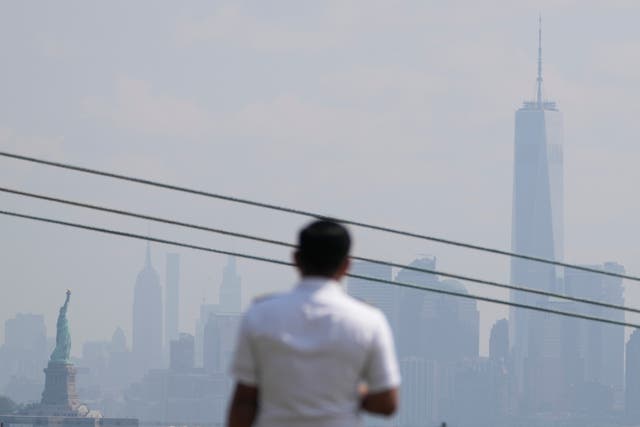<p>A man looks at the Manhattan skyline shrouded in haze from wildfire smoke </p>