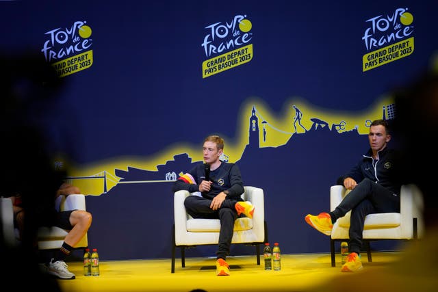 Jonas Vingegaard, centre, dismissed the mind games of rival Tadej Pogacar during his pre-Tour press conference (Bo Amstrup/AP)