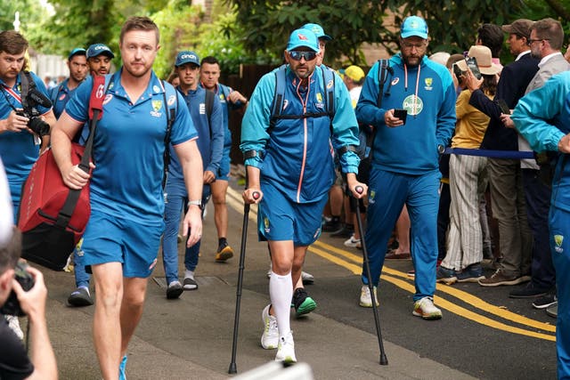Nathan Lyon arrives at Lord’s on crutches (Adam Davy/PA)