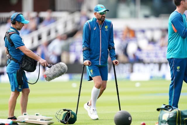 Australia spinner Nathan Lyon was on crutches on the third morning of the second Ashes Test at Lord’s (Mike Egerton/PA)