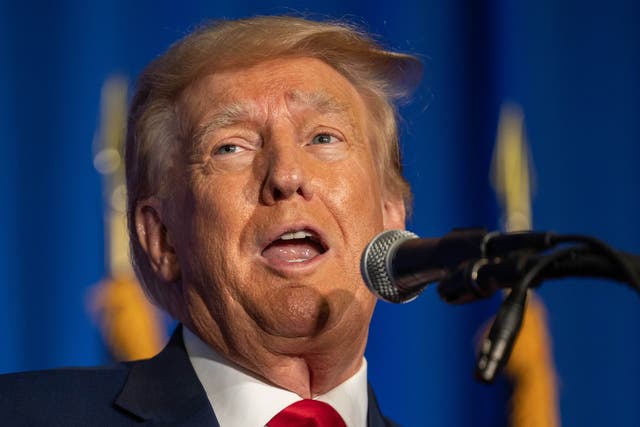 <p>Republican presidential candidate, former U.S. President Donald Trump speaks during the New Hampshire Federation of Republican Women's Lilac Luncheon on June 27, 2023 in Concord, New Hampshire</p>