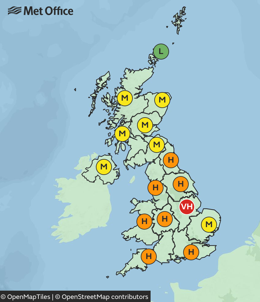 The Met Office pollen forecast for Saturday 1 July shows levels skyrocketing across England and Wales
