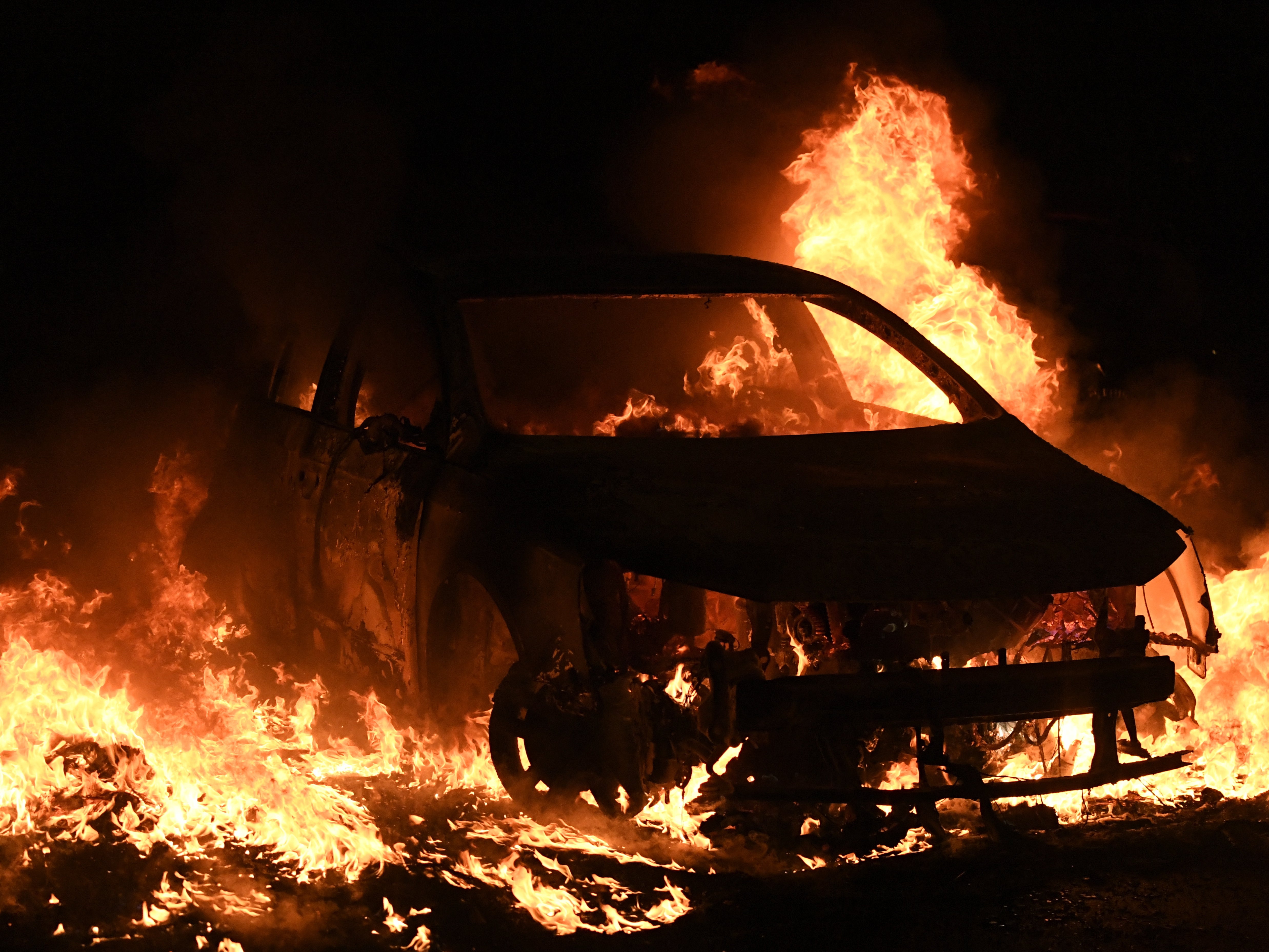 A burning car in Nanterre