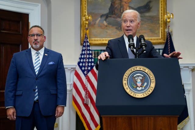 <p>President Joe Biden speaks in the Roosevelt Room of the White House, Friday, June 30, 2023, in Washington. Education Secretary Miguel Cardona listens at left. The Biden administration is moving forward on a new student debt relief plan after the Supreme Court struck down his original initiative to provide relief to 43 million borrowers. (AP Photo/Evan Vucci)</p>