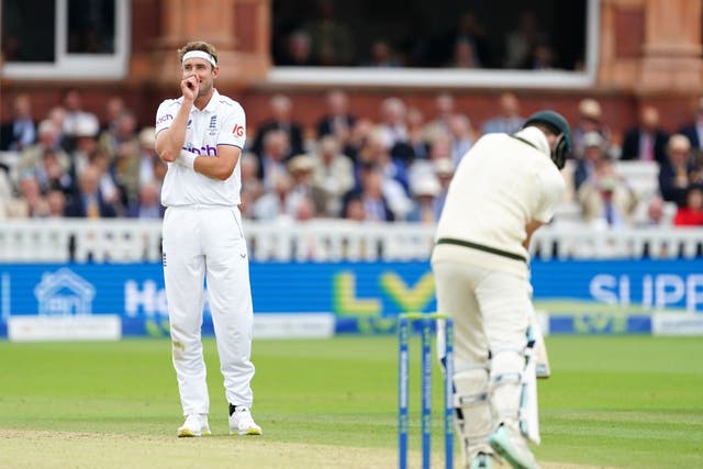 Stuart Broad reacts to Steve Smith’s leave on day three of the second Ashes Test at Lord’s (Adam Davy/PA).