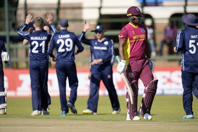 Scotland earned a seven-wicket victory over West Indies that means the two-time winners cannot qualify for the World Cup (Tsvangirayi Mukwazhi/AP)