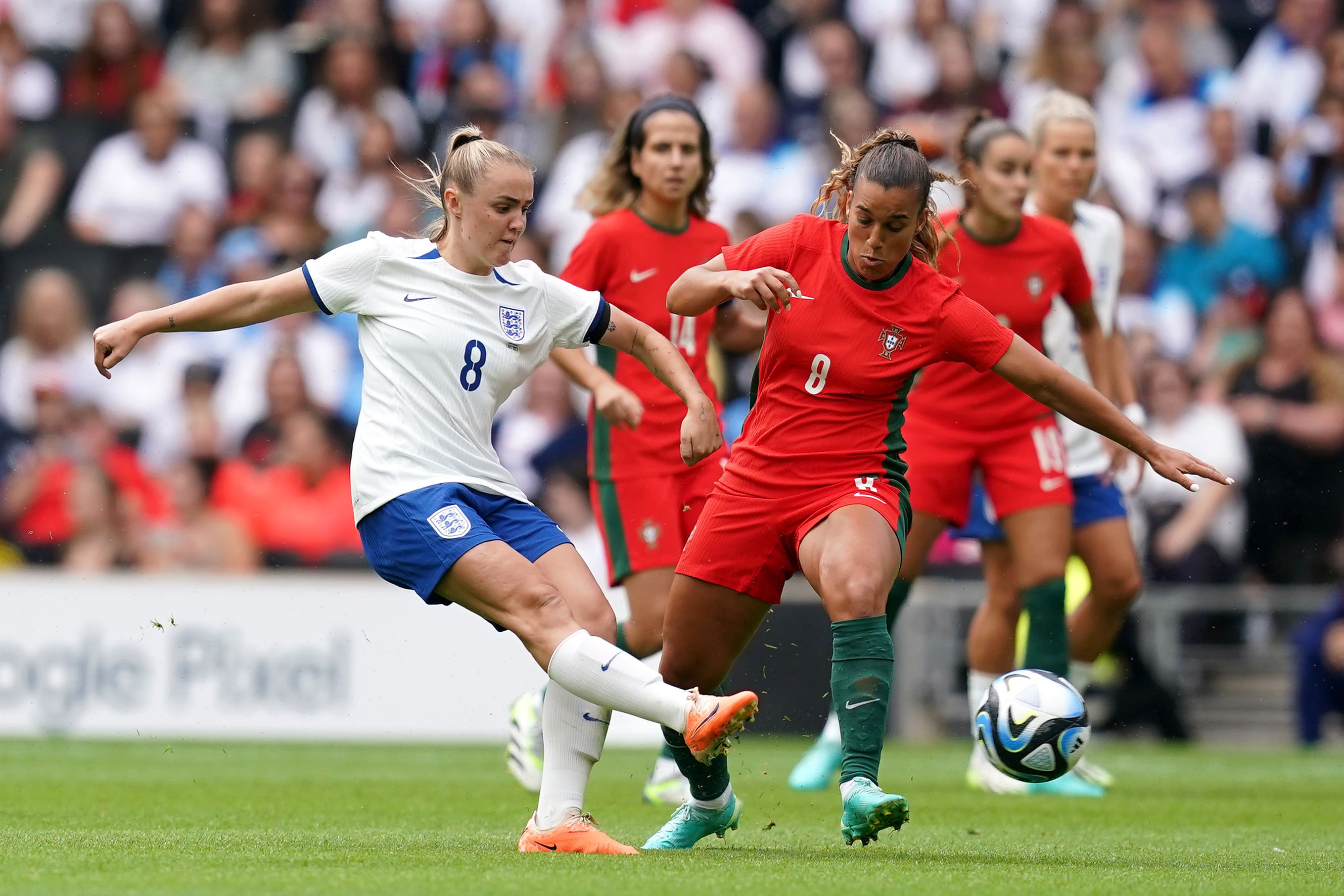 Georgia Stanway (left) hit the crossbar for England (Martin Rickett/PA)