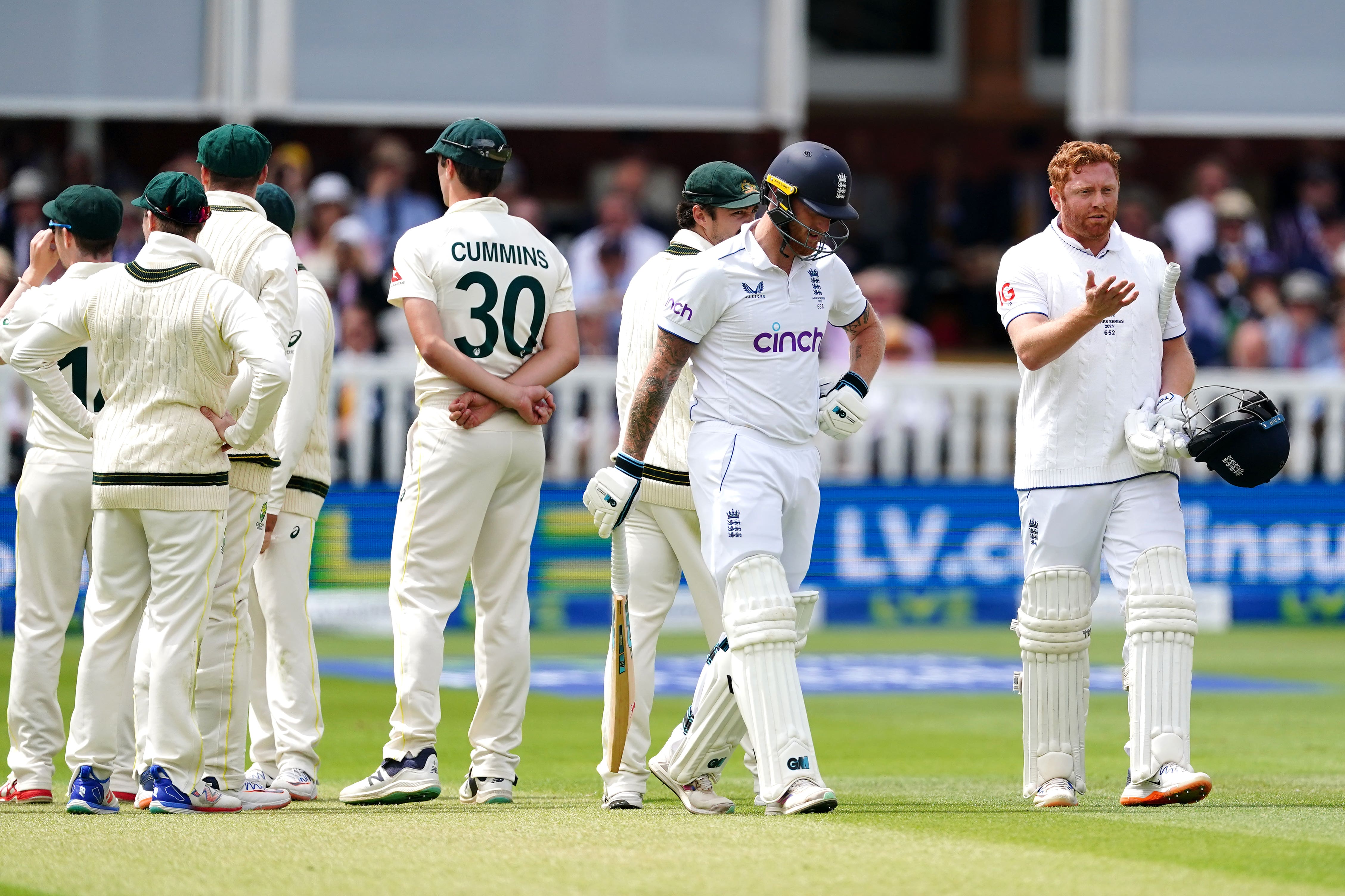 England’s Jonny Bairstow (right) reacts after being run out by Australia’s Alex Carey during day five of the second Ashes test match at Lord’s (Mike Egerton/PA)