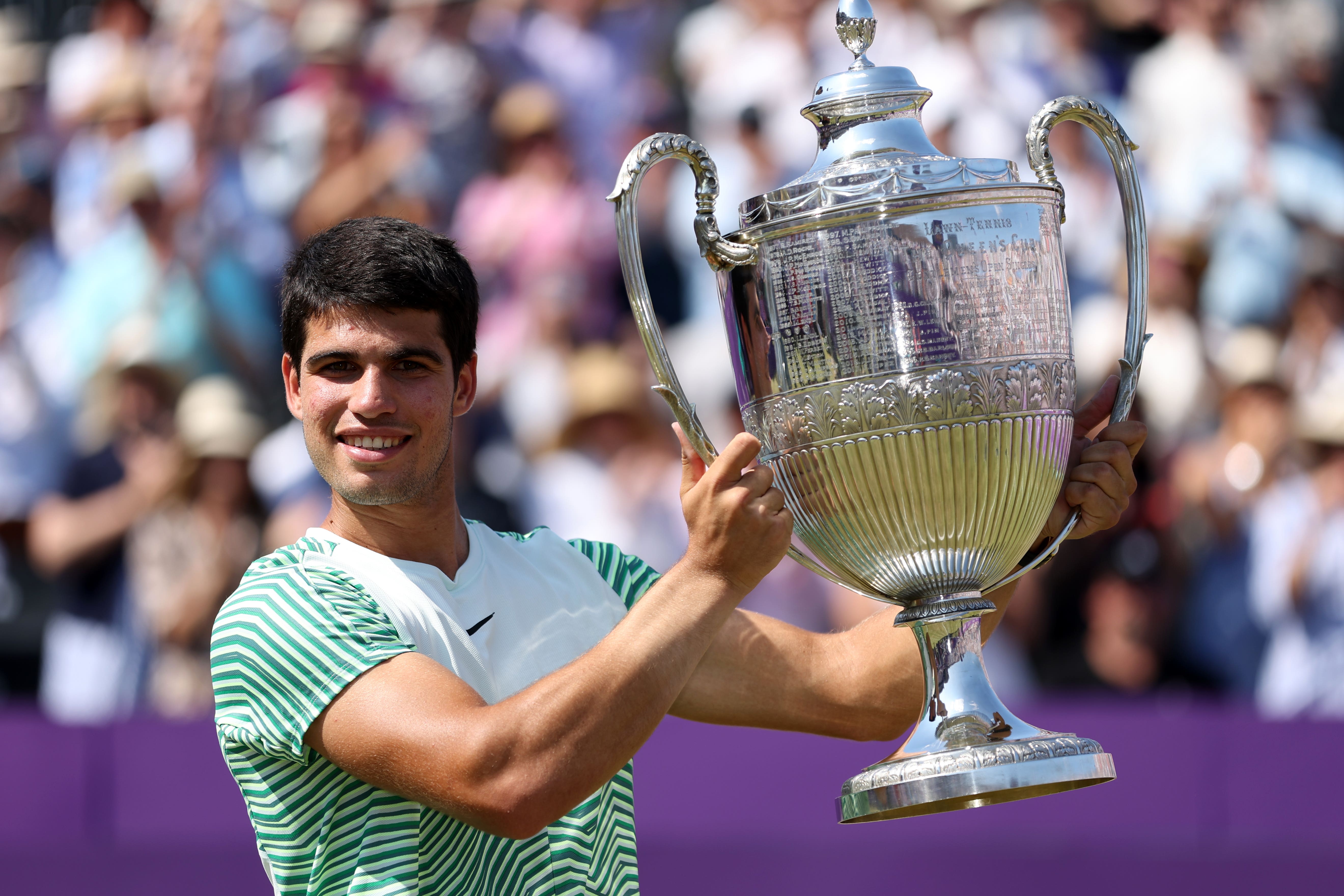 Carlos Alcaraz lifted the trophy at Queen’s Club last weekend (Steven Paston/PA)