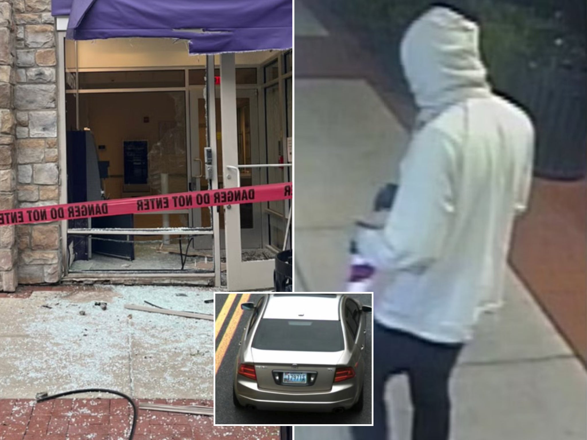 One of the damaged businesses (left), the suspect (right) and suspect vehicle (inset)