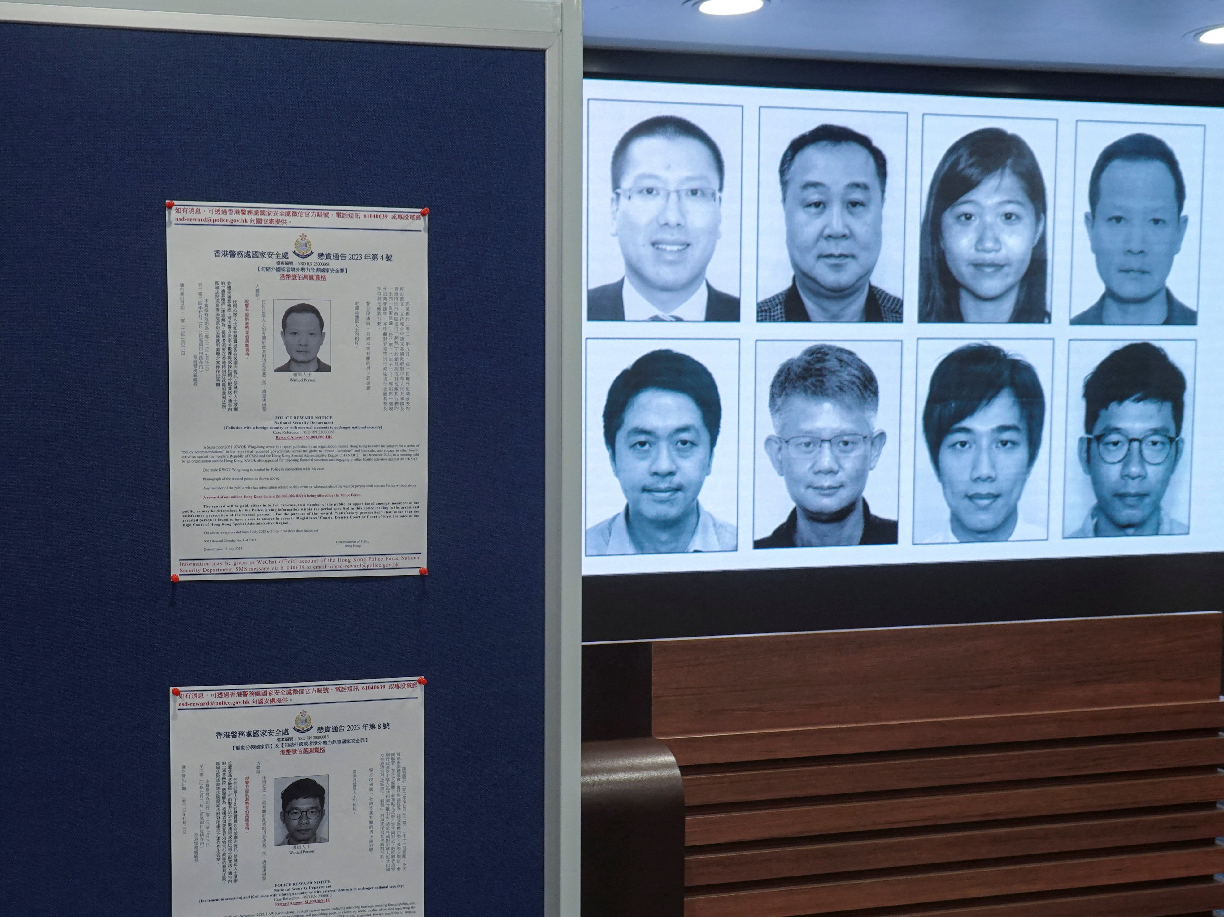 Photos of eight activists for whom arrest warrants have been issued for national security offences are displayed during a press conference in Hong Kong