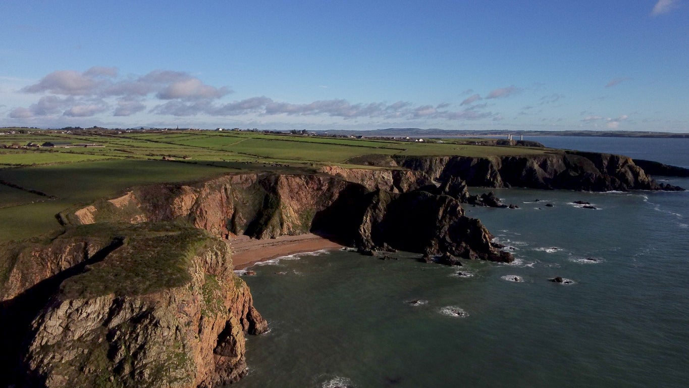 A drone view of cliffs on the Copper Coast