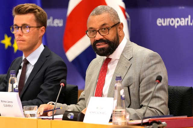 James Cleverly addressed a meeting at the European Parliament in Brussels (AP)