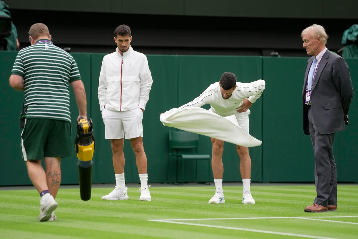 Wimbledon uses leaf blowers to dry the grass on Centre Court after rain