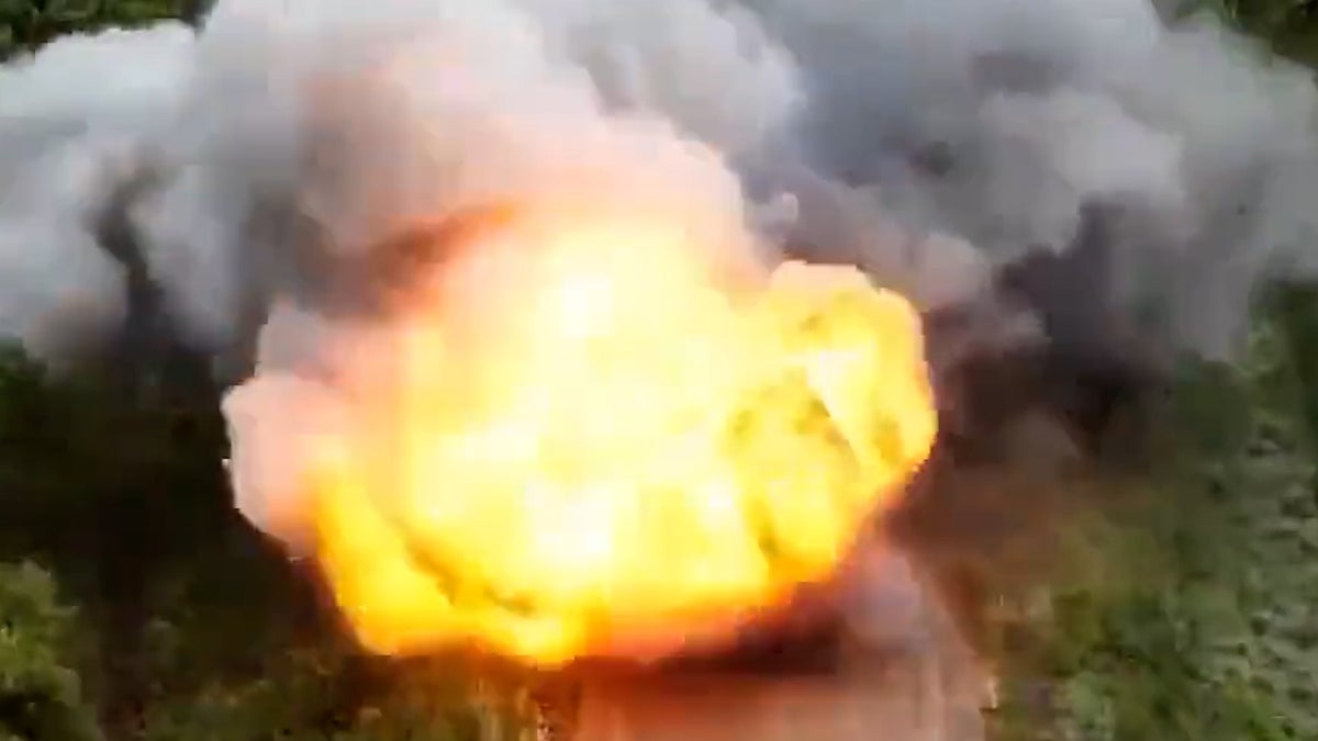 Russian tank explodes after driving over mine in Bakhmut