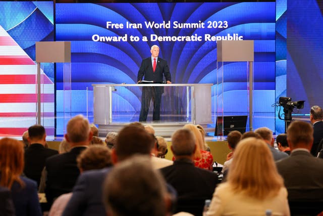 <p>Former Vice President Mike Pence delivers remarks at the 2023 Free Iran summit in Paris</p>