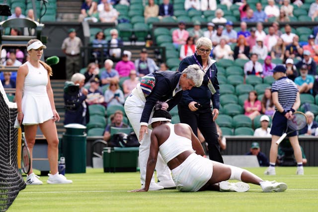 Venus Williams took a fall in her first-round defeat to Elina Svitolina at Wimbledon (Zac Goodwin/PA)