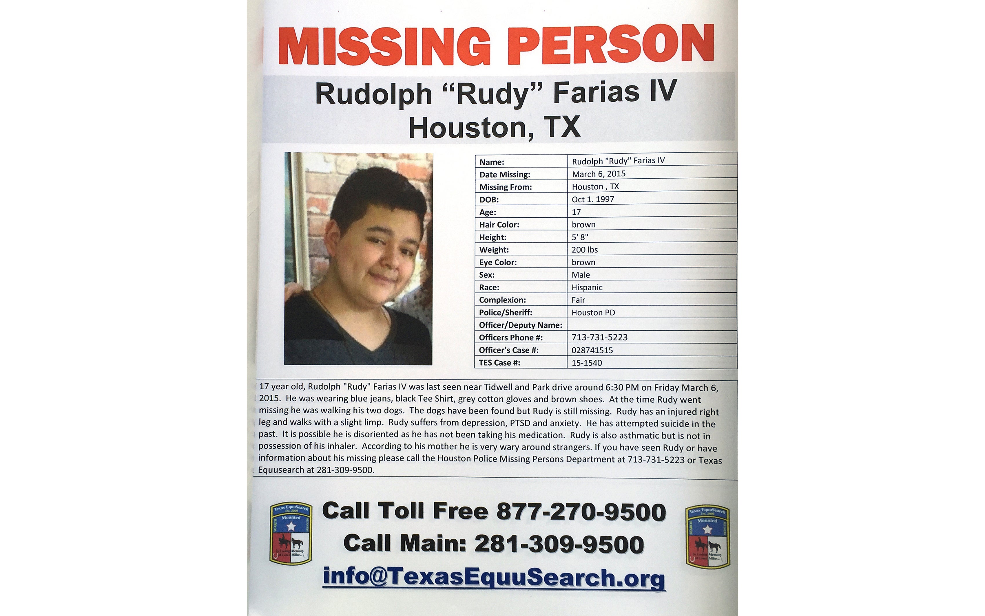 A missing person flyer identified Rudy Farias as suffering from PTSD and depression