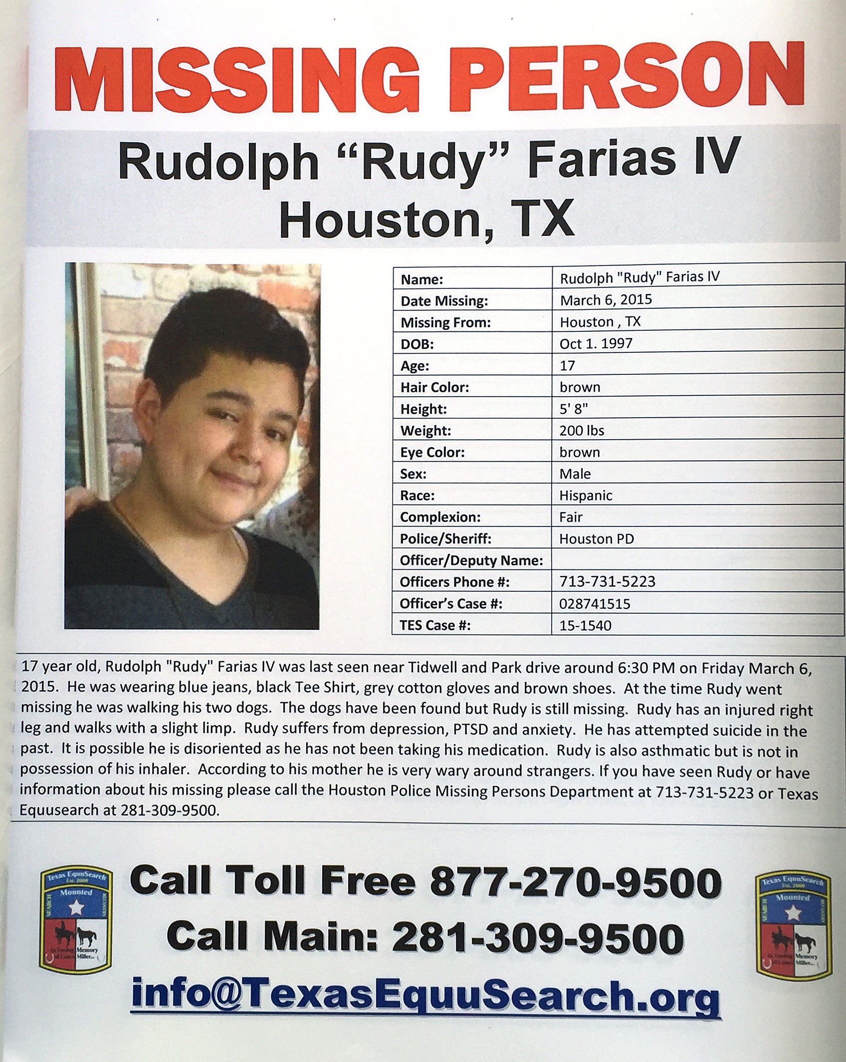 A missing poster for Rudolph ‘Rudy’ Farias IV is shown during the Missing Person Day event at City Hall in January
