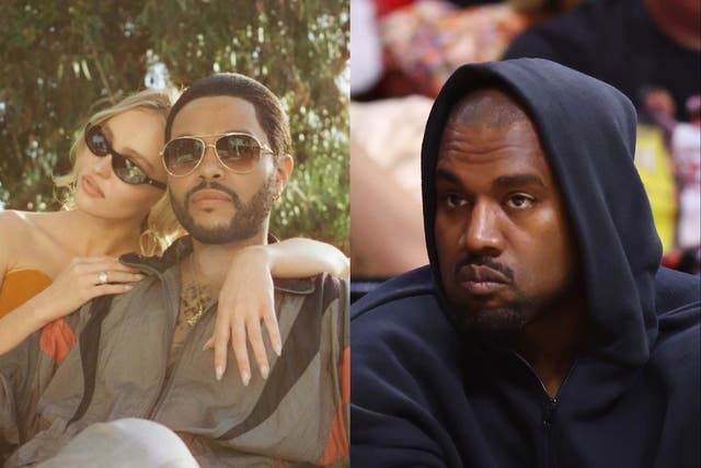 <p>Lily-Rose Depp and The Weeknd in ‘The Idol’ and Kanye West (right)</p>