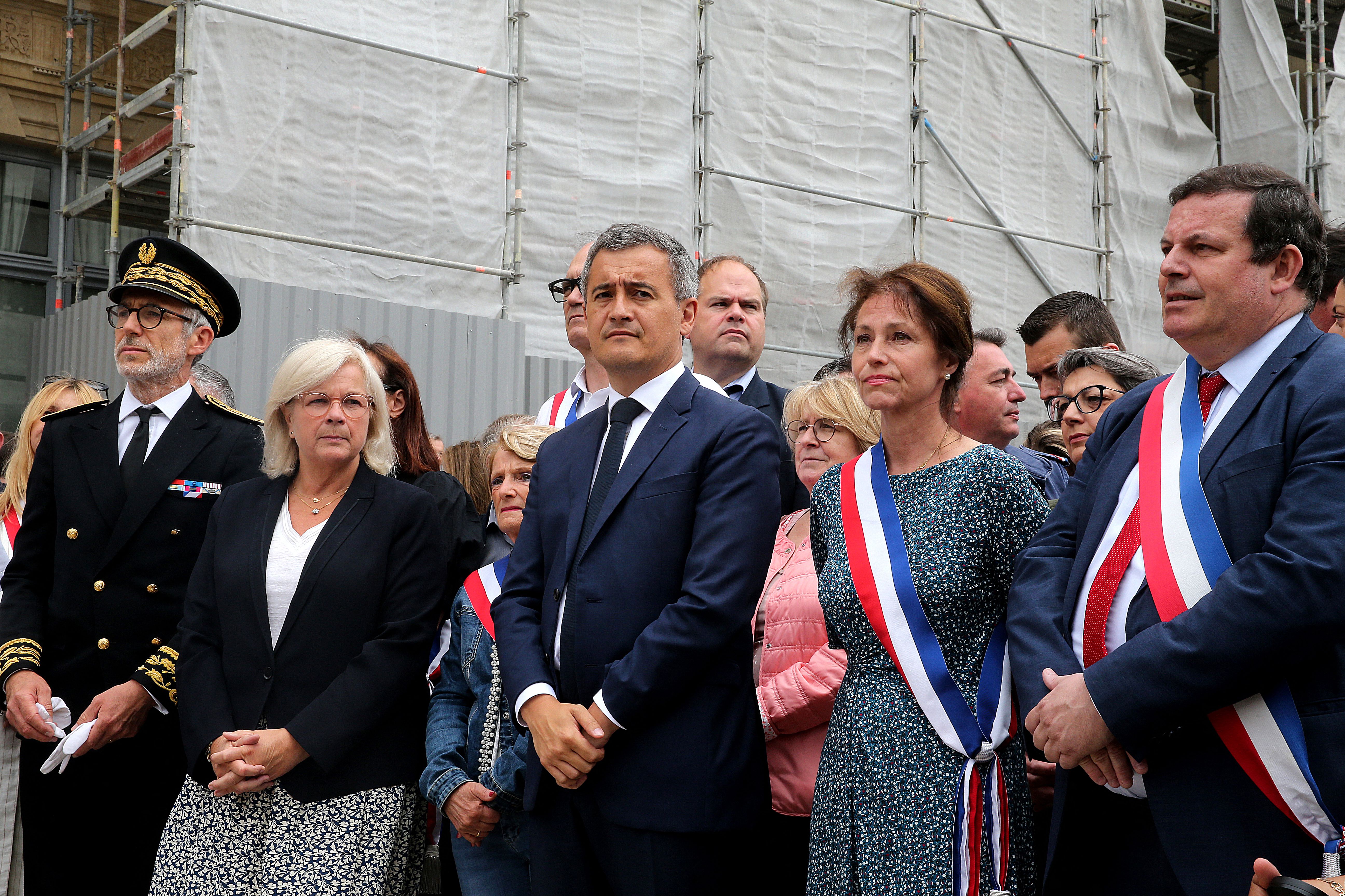 France’s interior minister Gerald Darmanin and local officials take part in a nationwide action in Reims, northern France, on 3 July 2023