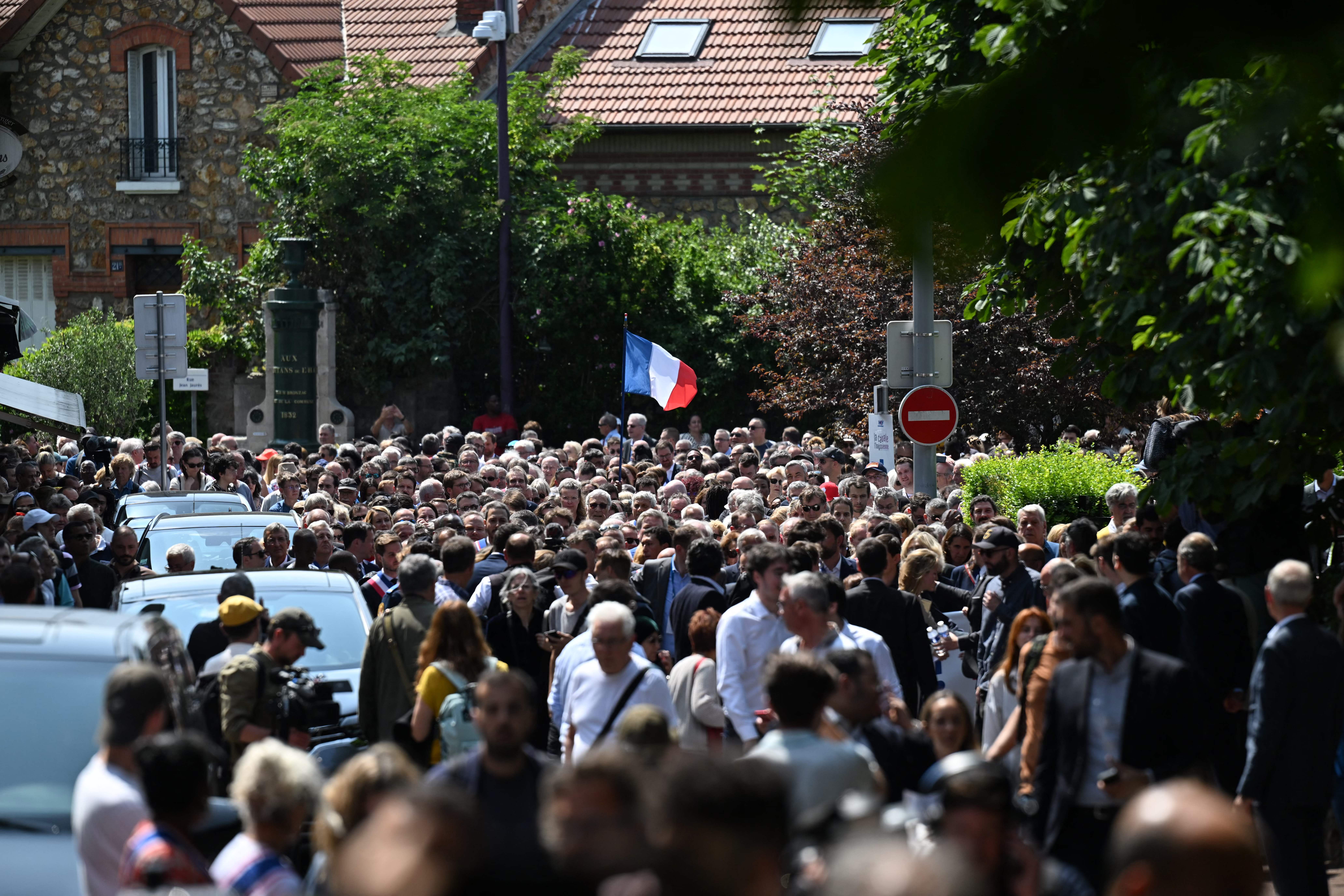 Participants attend a nationwide action in front of town halls, after rioters rammed a vehicle into the Mayor’s house injuring his wife and one of his children overnight, in L’Hay-les-Roses, south of Paris, on 3 July 2023