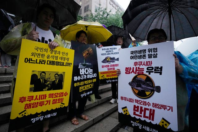 <p>Protesters attend a rally against the Japanese government’s decision to release treated radioactive wastewater from the Fukushima nuclear power plant, in Seoul</p>