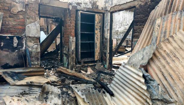Charred remains of official residence of Manipur’s minister Nemcha Kipgen in Imphal, which was set ablaze by mob last evening during ongoing ethnic violence in India’s north-eastern Manipur state, pictured on 15 June 2023