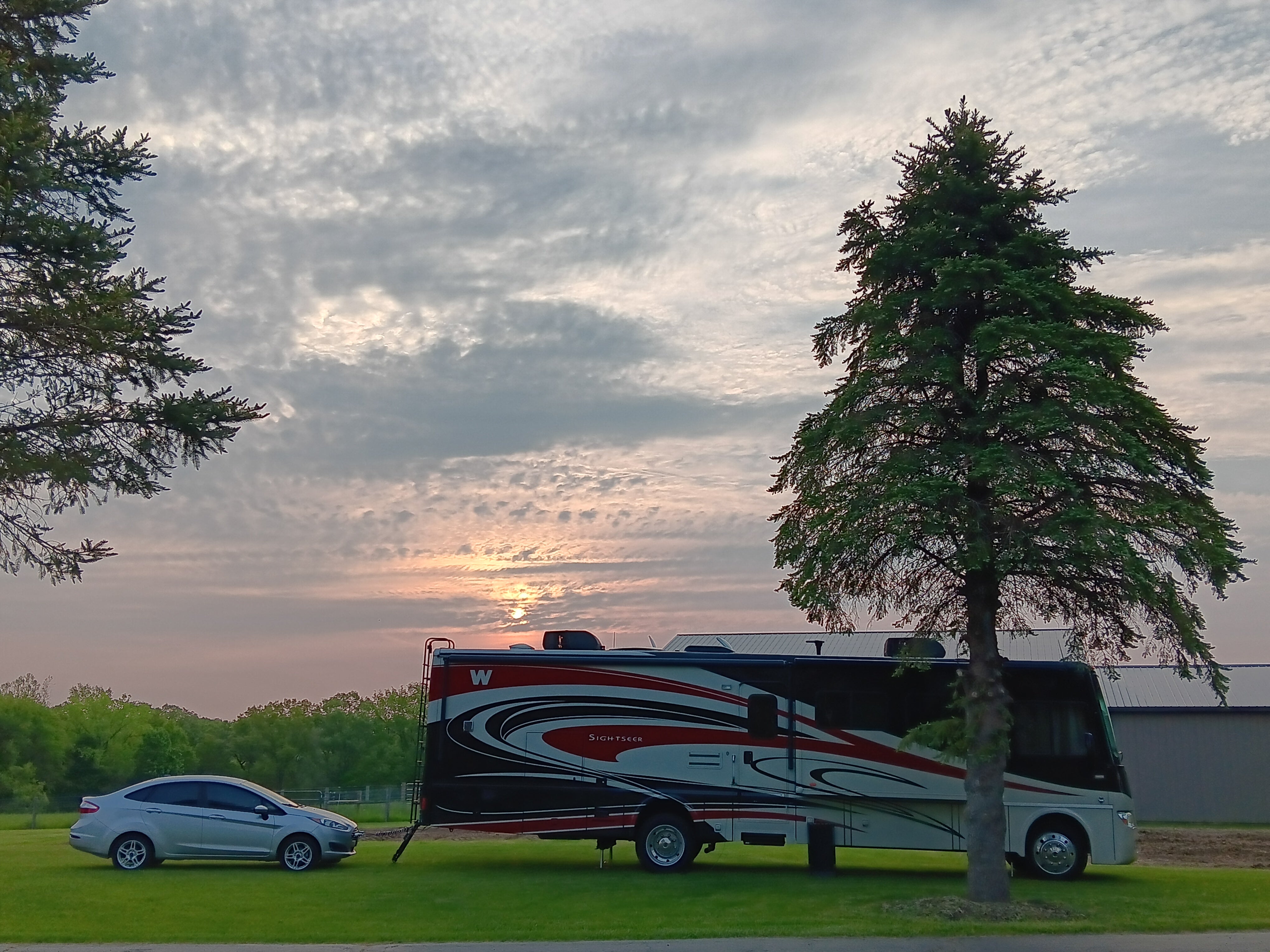 Sunrise over our RV at the Harvest Host H&P Family Farms in Angola, Indiana