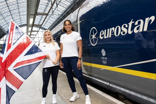 <p>On track: Eurostar will take British athletes to Paris next year. Pictured: Amber Rutter, shooting, and Celia Quansah, Rugby 7s, at London St Pancras </p>