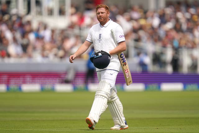 Jonny Bairstow appears frustrated after being run out by Australia’s Alex Carey (Adam Davy/PA)
