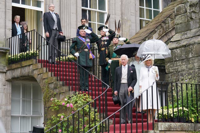 The King, Queen and Princess Royal host guests at the Palace of Holyroodhouse in Edinburgh (Jonathan Brady/PA)