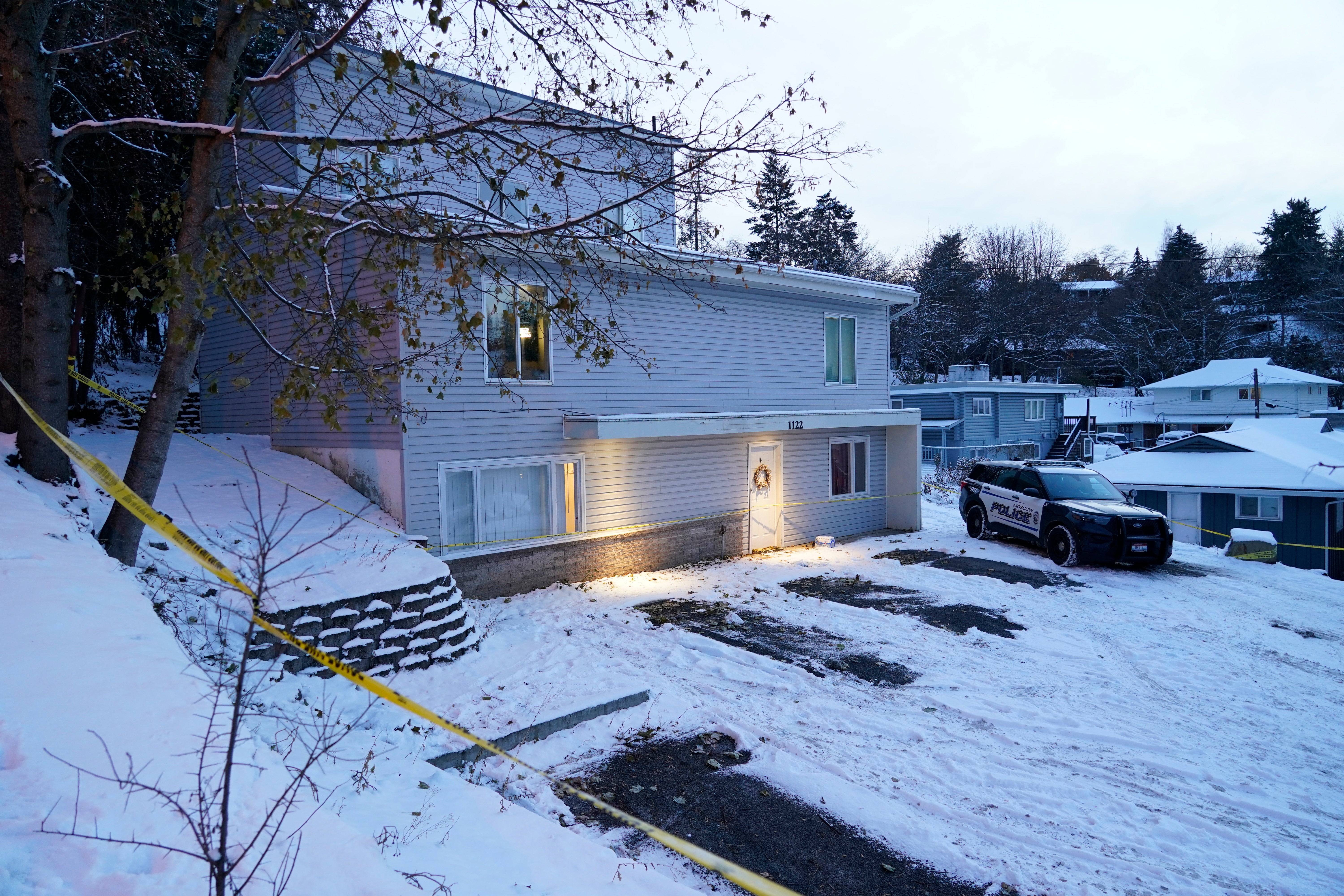 Snowy parking lot in front of the home where four University of Idaho students were found dead on Nov. 13, in Moscow, Idaho