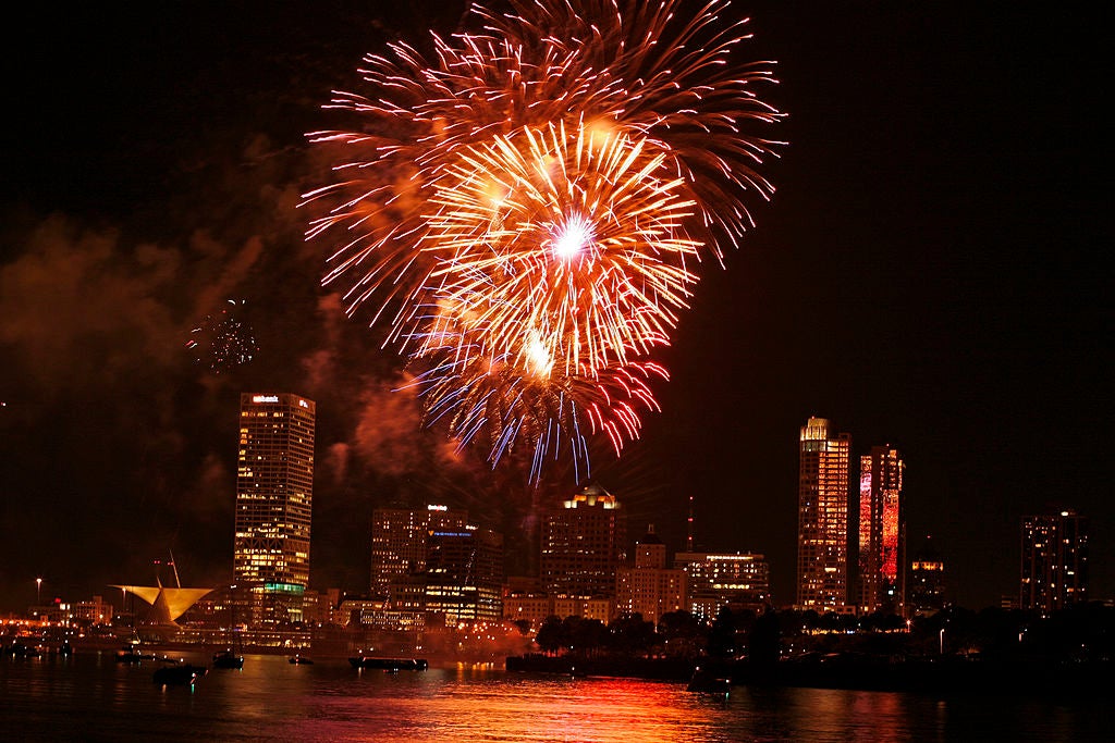 Fireworks during a July Fourth fireworks show on the shore of Lake Michigan