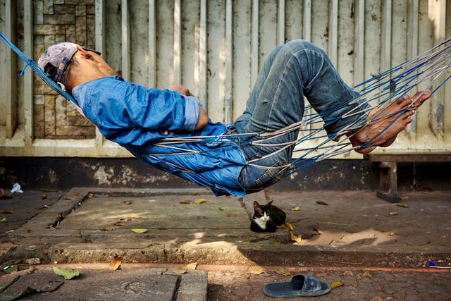 <p>A man sleeps on a hammock on a street in Jakarta on June 7, 2023</p>