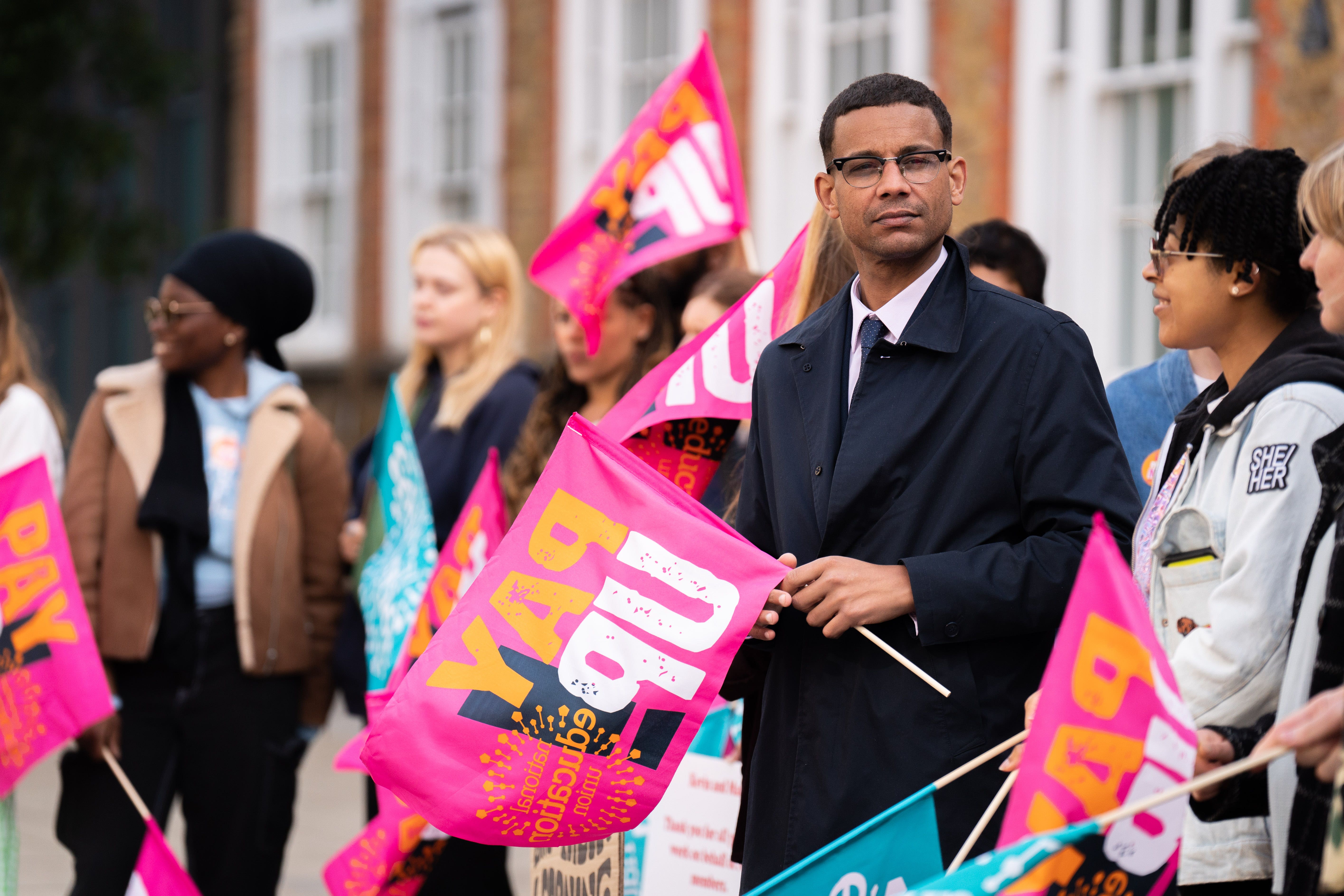 Daniel Kebede, general secretary-elect of the NEU, joins a picket line at Regent High School in north-west London (James Manning/PA)