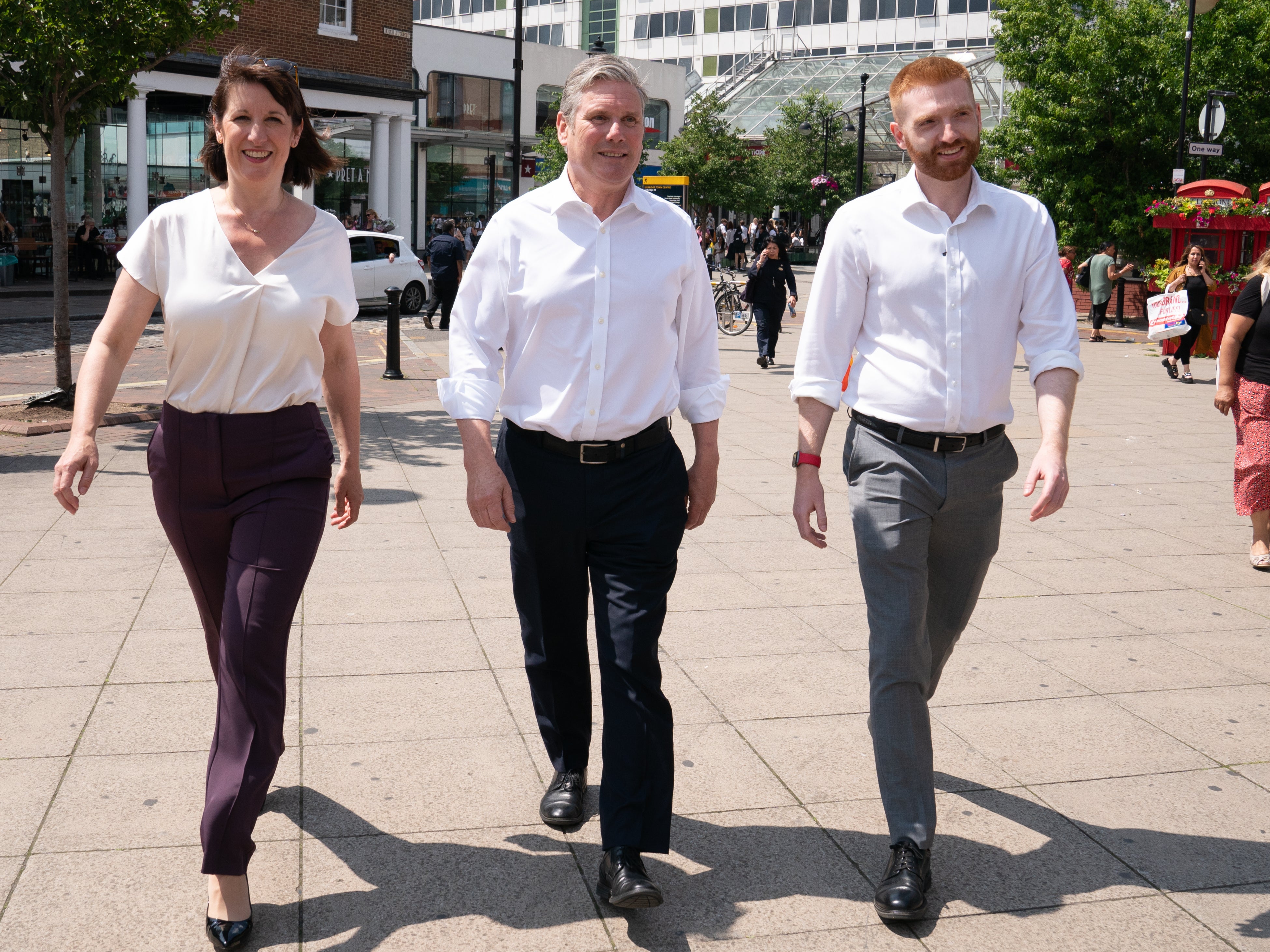 <p>Keir Starmer (centre), shadow chancellor Rachel Reeves and Danny Beales</p>