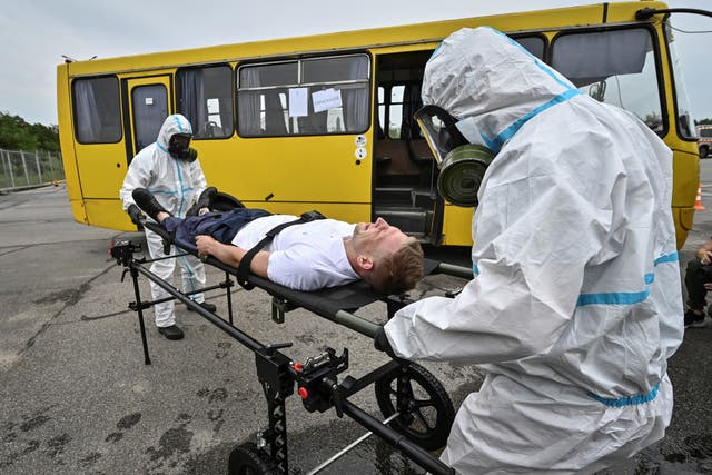 <p>Rescues and police officers attend anti-radiation drills for case of an emergency situation at Zaporizhzhia Nuclear Power Plant</p>