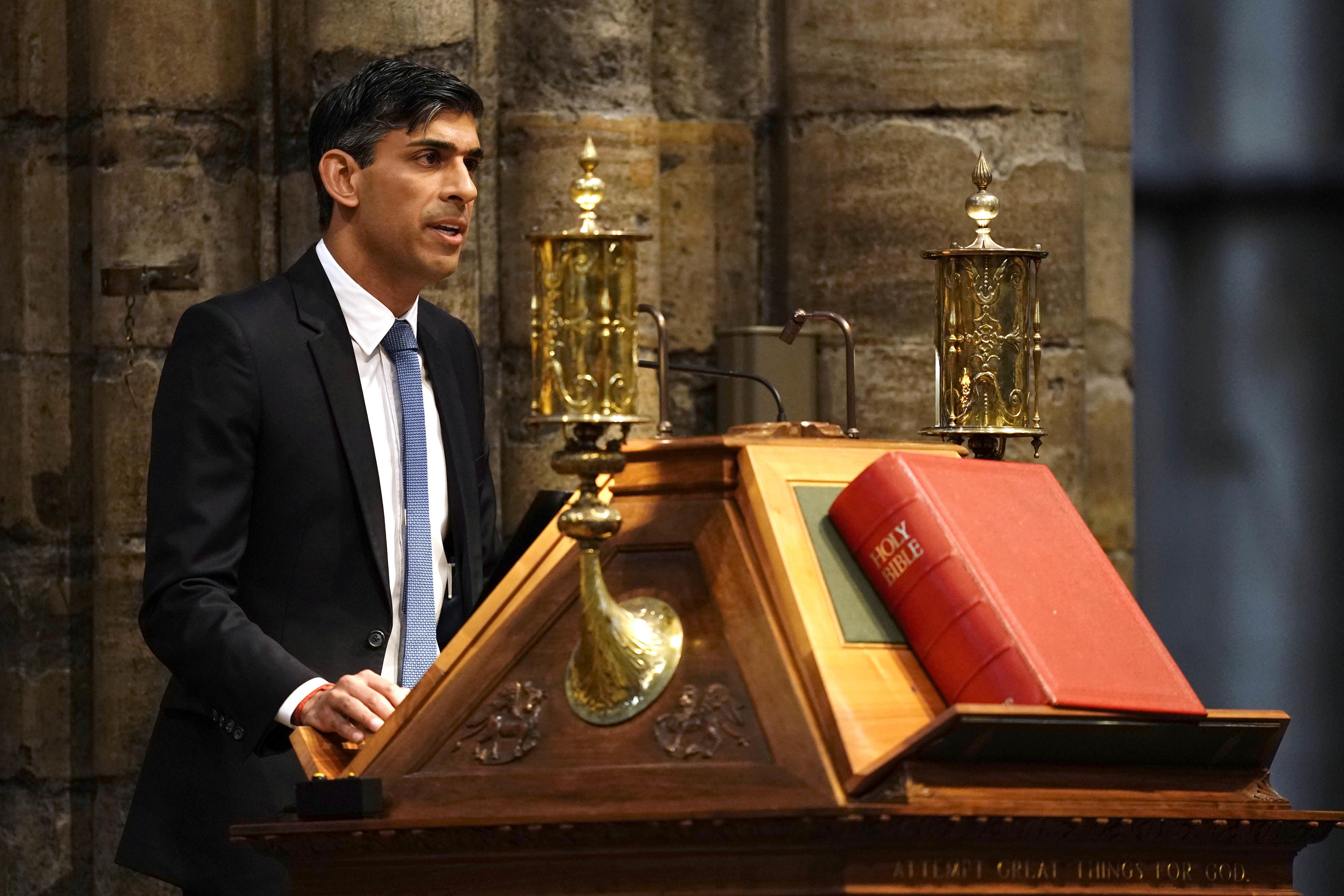 Prime Minister Rishi Sunak speaking at the NHS anniversary ceremony at Westminster Abbey (Jordan Pettitt/PA)