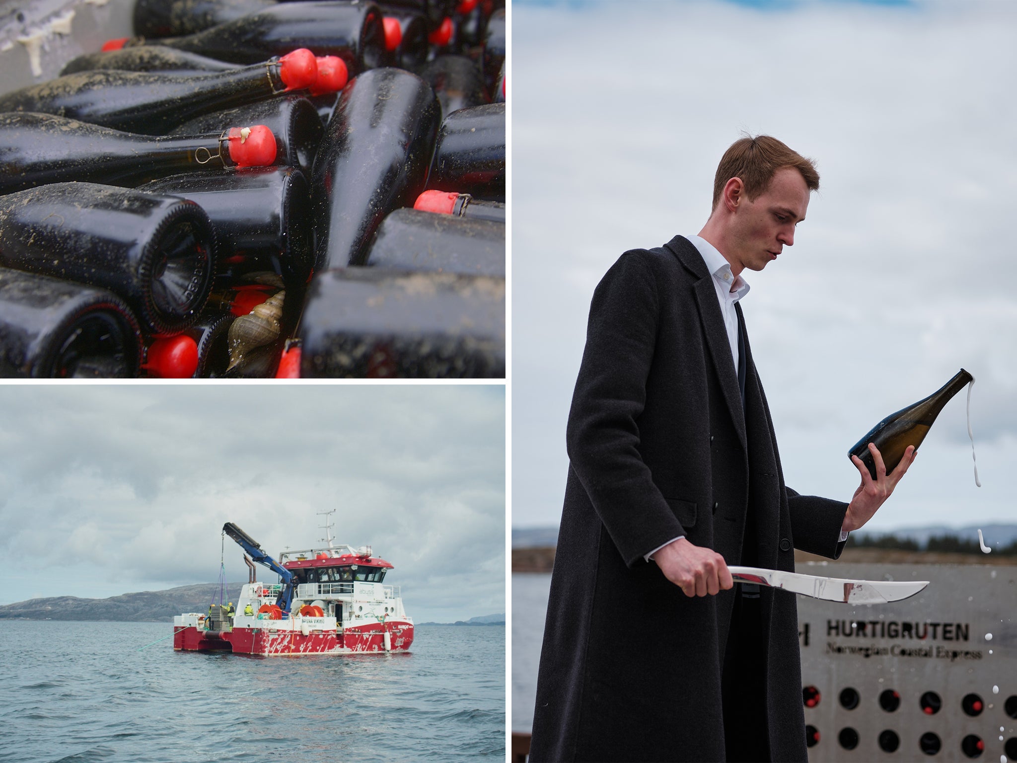 From top left: the first Havets Bobler crate is opened; the final crate is raised from the Actic water; Norway’s best sommelier Nikolai Haram Svorte sabers a bottle ready for tasting