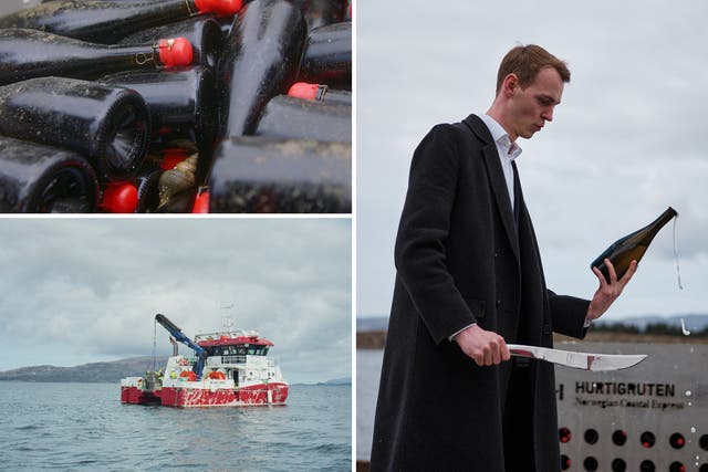 <p>From top left: the first Havets Bobler crate is opened; the final crate is raised from the Actic water; Norway’s best sommelier Nikolai Haram Svorte sabers a bottle ready for tasting </p>