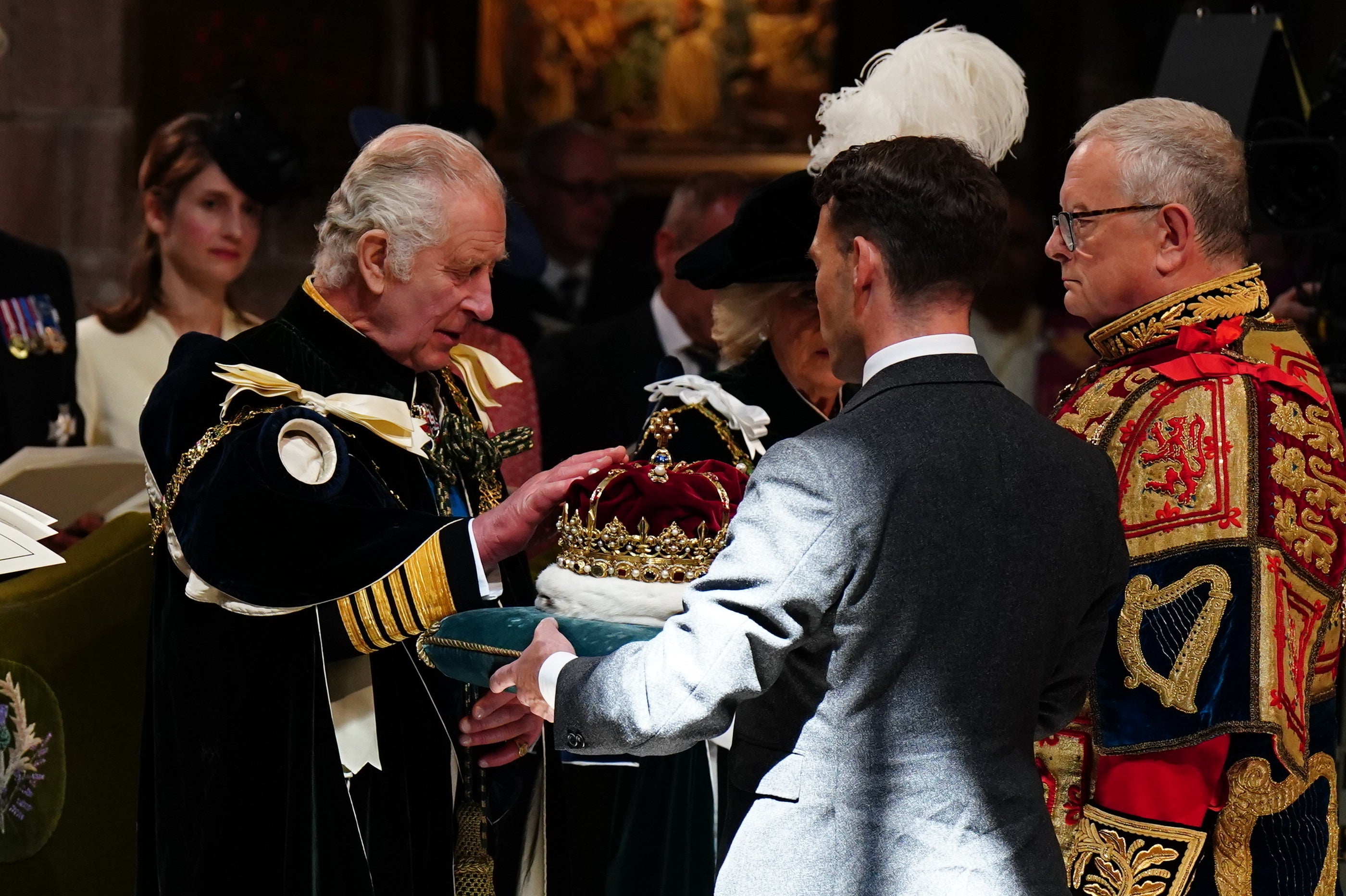King Charles III is presented with the Crown of Scotland