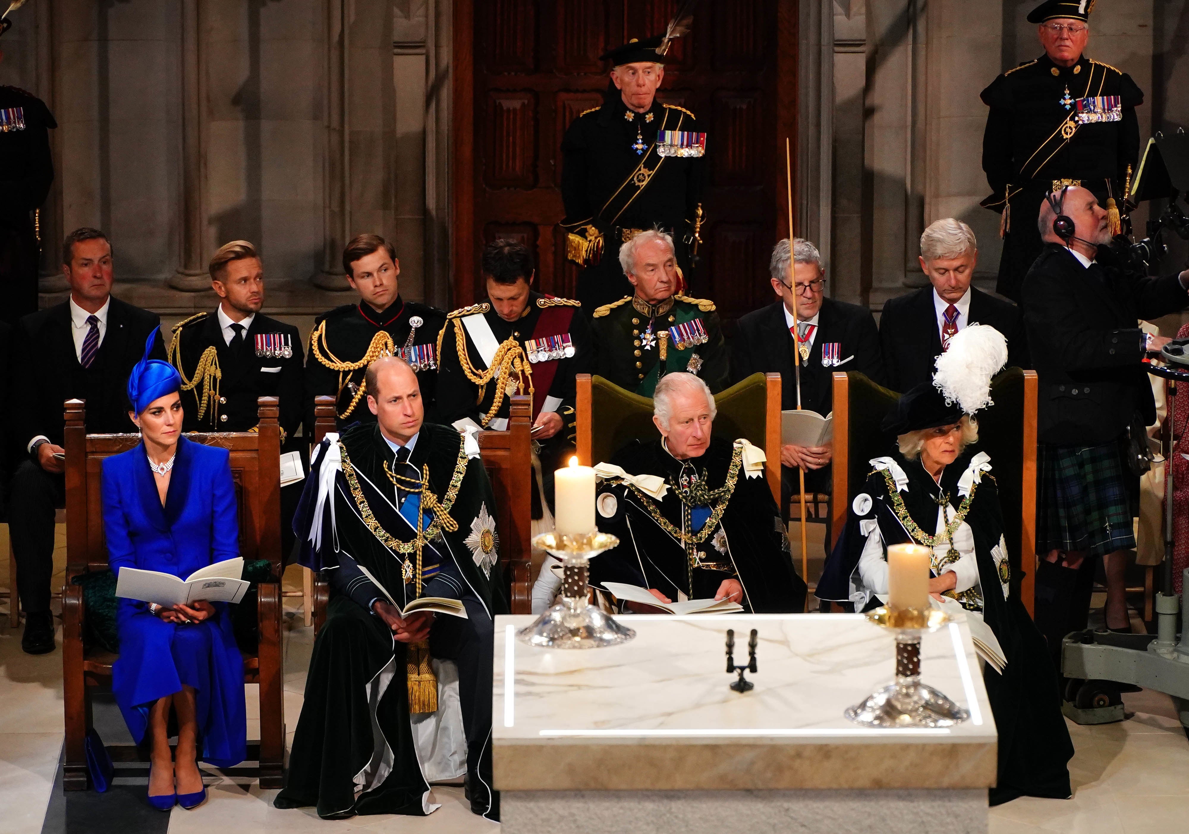 The Princess of Wales and the Prince of Wales known as the Duke and Duchess of Rothesay while in Scotland, King Charles III and Queen Camilla during the National Service of Thanksgiving and Dedication