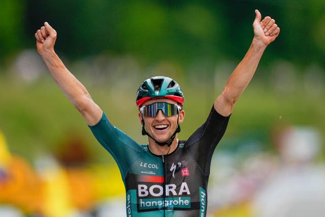 Jai Hindley won stage five of the Tour de France to move into the yellow jersey (Thibault Camus/AP)