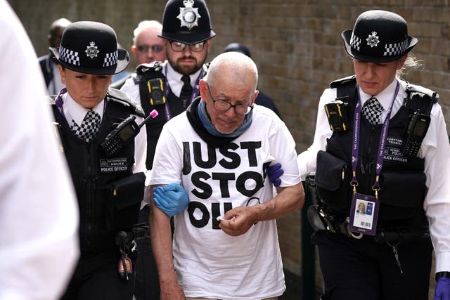 Three Just Stop Oil protesters invaded Wimbledon’s Court 18 on the tournament’s third day (Victoria Jones/PA)