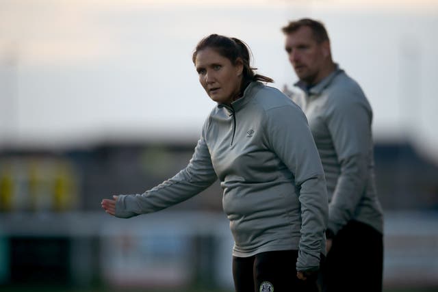 <p>Forest Green Rovers’ new caretaker head coach Hannah Dingley on the touchline at her first game (Simon Marper/PA)</p>
