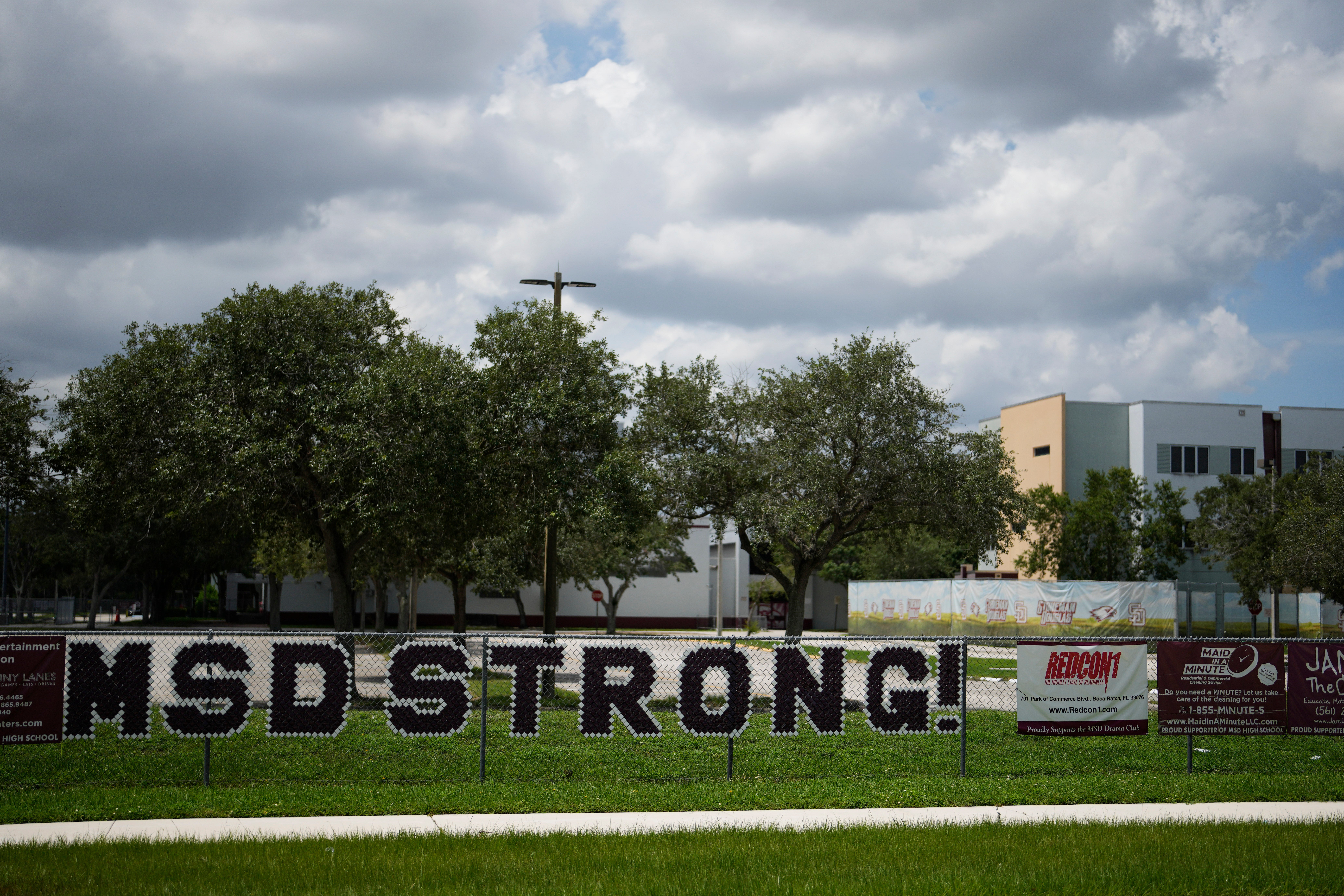 Letters on a fence read ‘MSD Strong’ outside Marjory Stoneman Douglas High School in Parkland, Fla., Wednesday, July 5, 2023.