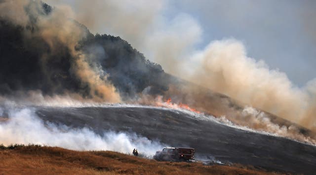 <p>The San Antonio Fire spreads uphill west of Petaluma, California on  Friday, June 30, 2023. The entire planet sweltered for the three unofficial hottest days in human recordkeeping this week </p>