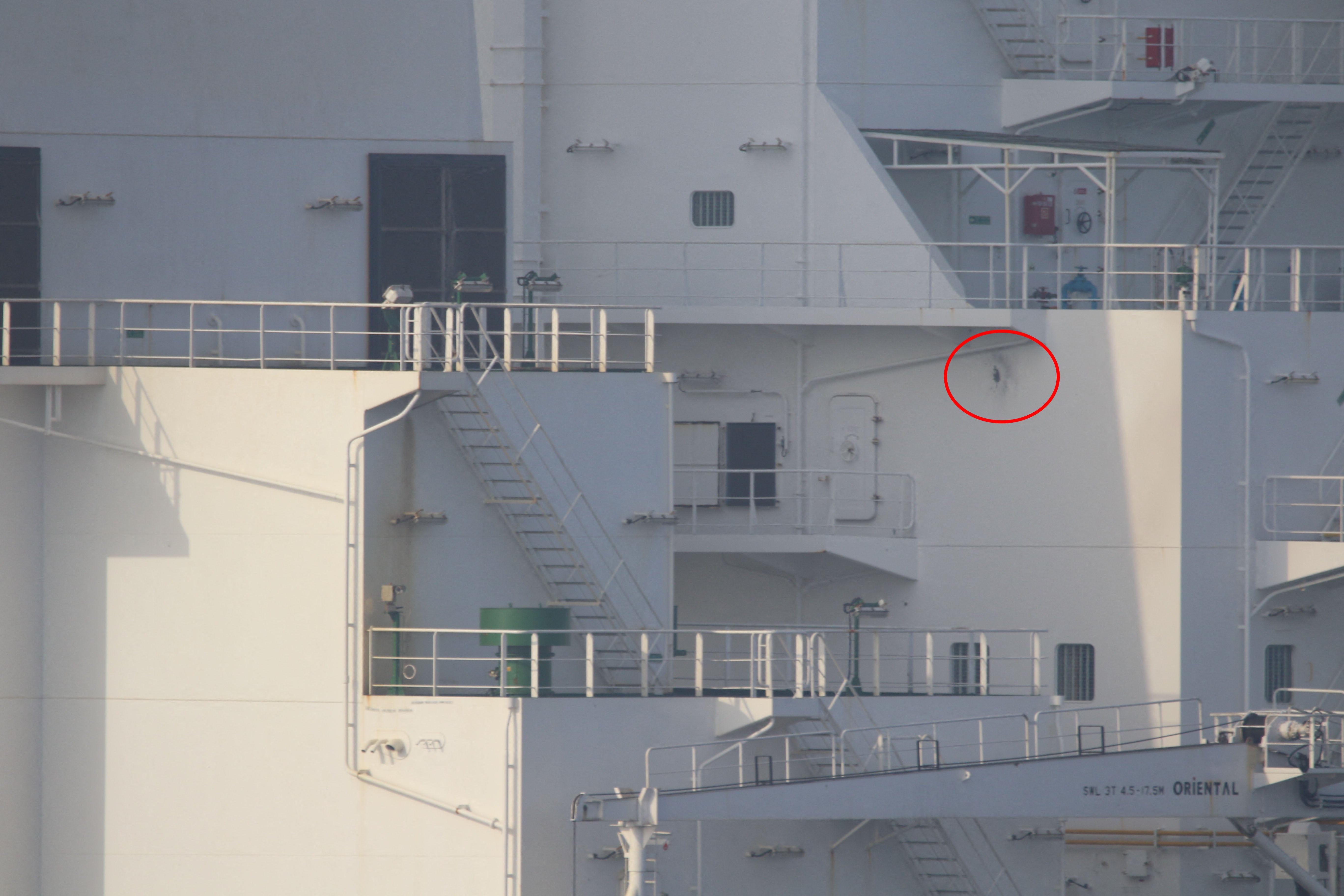 Damage sustained by M/T Richmond Voyager after an Iranian naval vessel fired multiple rounds from, during an attempt to unlawfully seize the commercial tanker in the Gulf of Oman