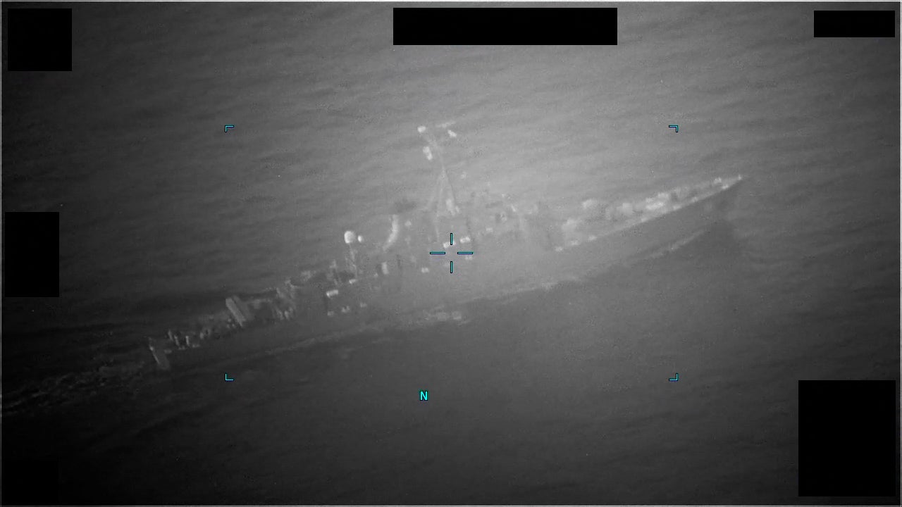 Image from a video screenshot of an Iranian naval vessel approaching the M/T Richmond Voyager to seize the commercial tanker in the Gulf of Oman on 5 July